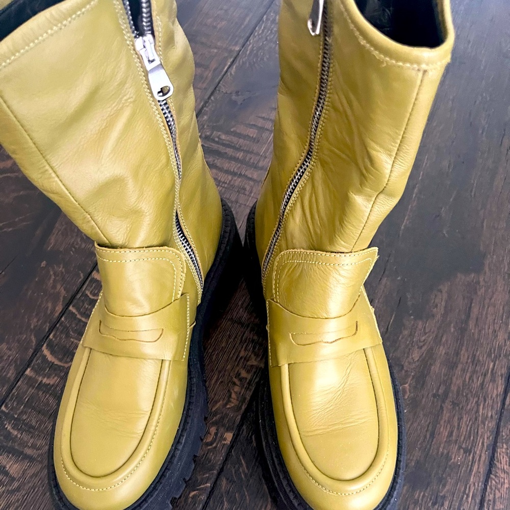 Worn once green free people leather loafer boots .